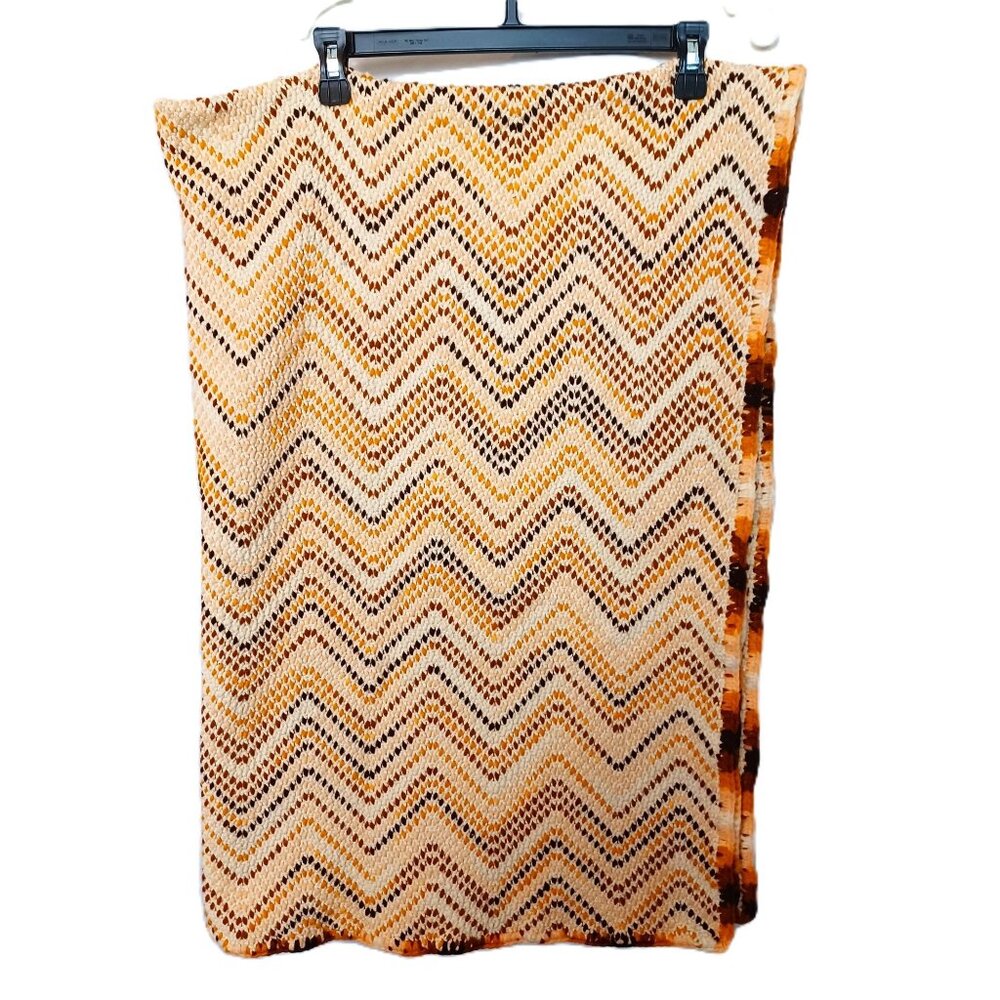 Vintage Chevron Crochet Blanket Throw Handmade By Louise - Orange & Brown Zigzag